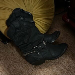 Black leather cowgirl boots with silver